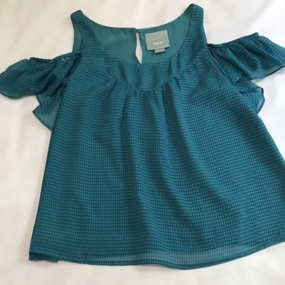 Anthropologie Maeve Tavin Turquoise Cold Shoulder Ruffle Blouse 4P - Picture 10 of 15
